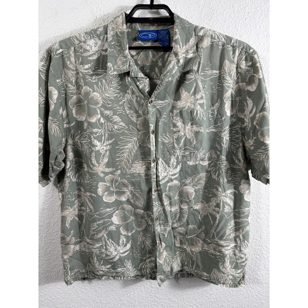 Ocean Pacific OP Mens‎ XL Green Floral Hibiscus Hawaiian Button Up Shirt